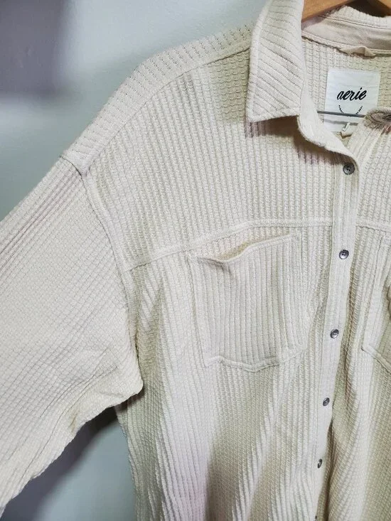 AERIE LumberJane Waffle Shirt Oversized Boxy Button Front Cream Women's Large - Picture 4 of 11